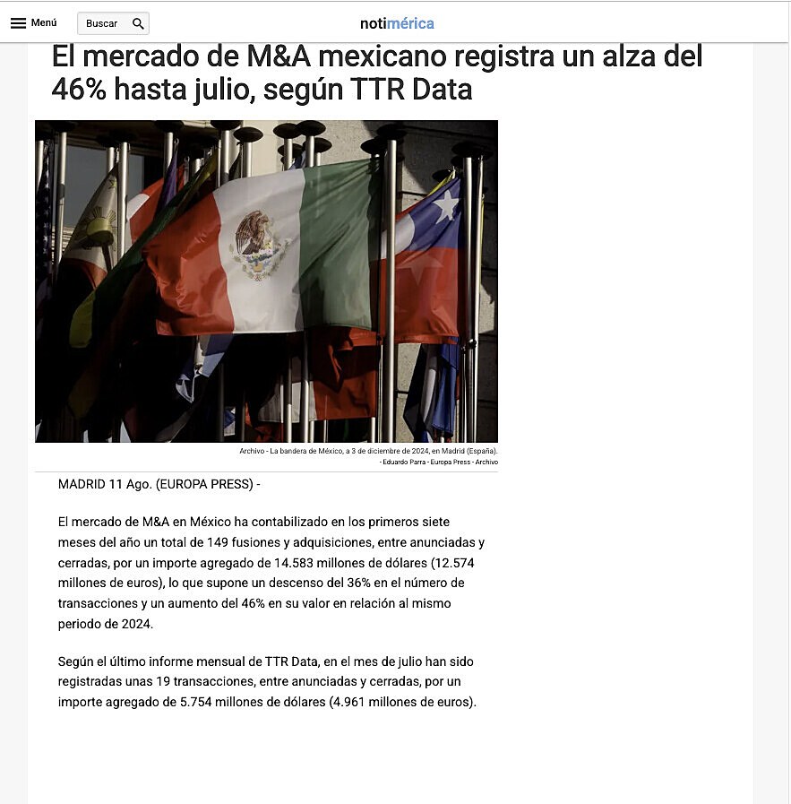 El mercado de M&A mexicano registra un alza del 46% hasta julio, segn TTR Data